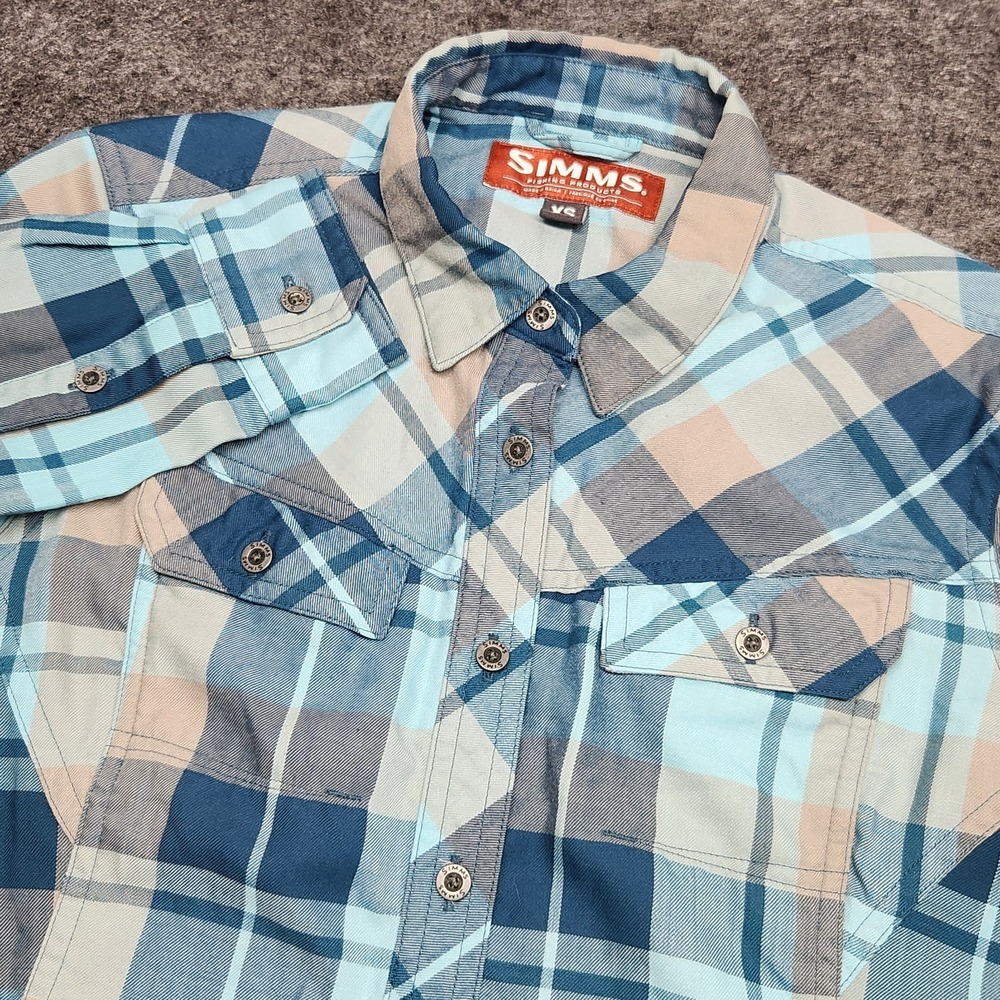 Simms Fishing Performance Womens Wool Long Sleeve Flannel Shirt Teal Plaid XS